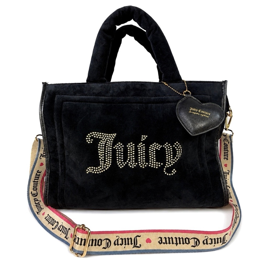 Juicy Couture Liquorice Extra Spender Tote Black Velour Rhinestone Heart Charm